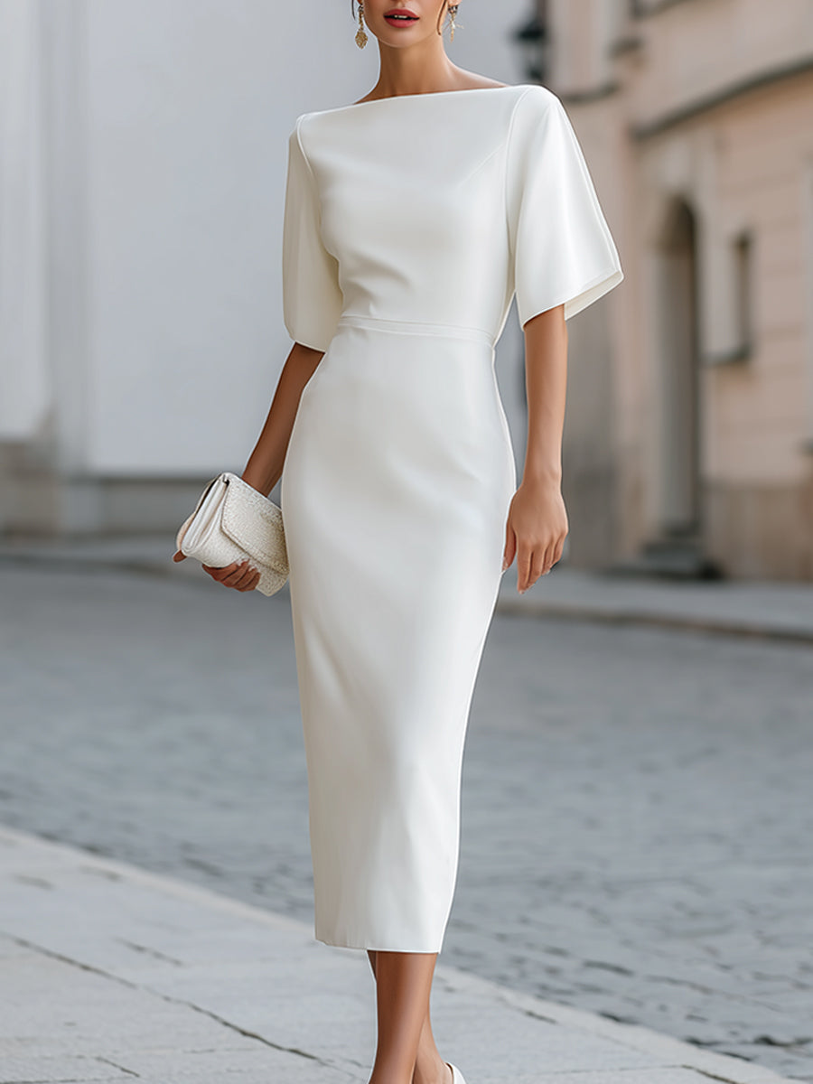 White Boat Neck Short Sleeve Tailored Midi Dress