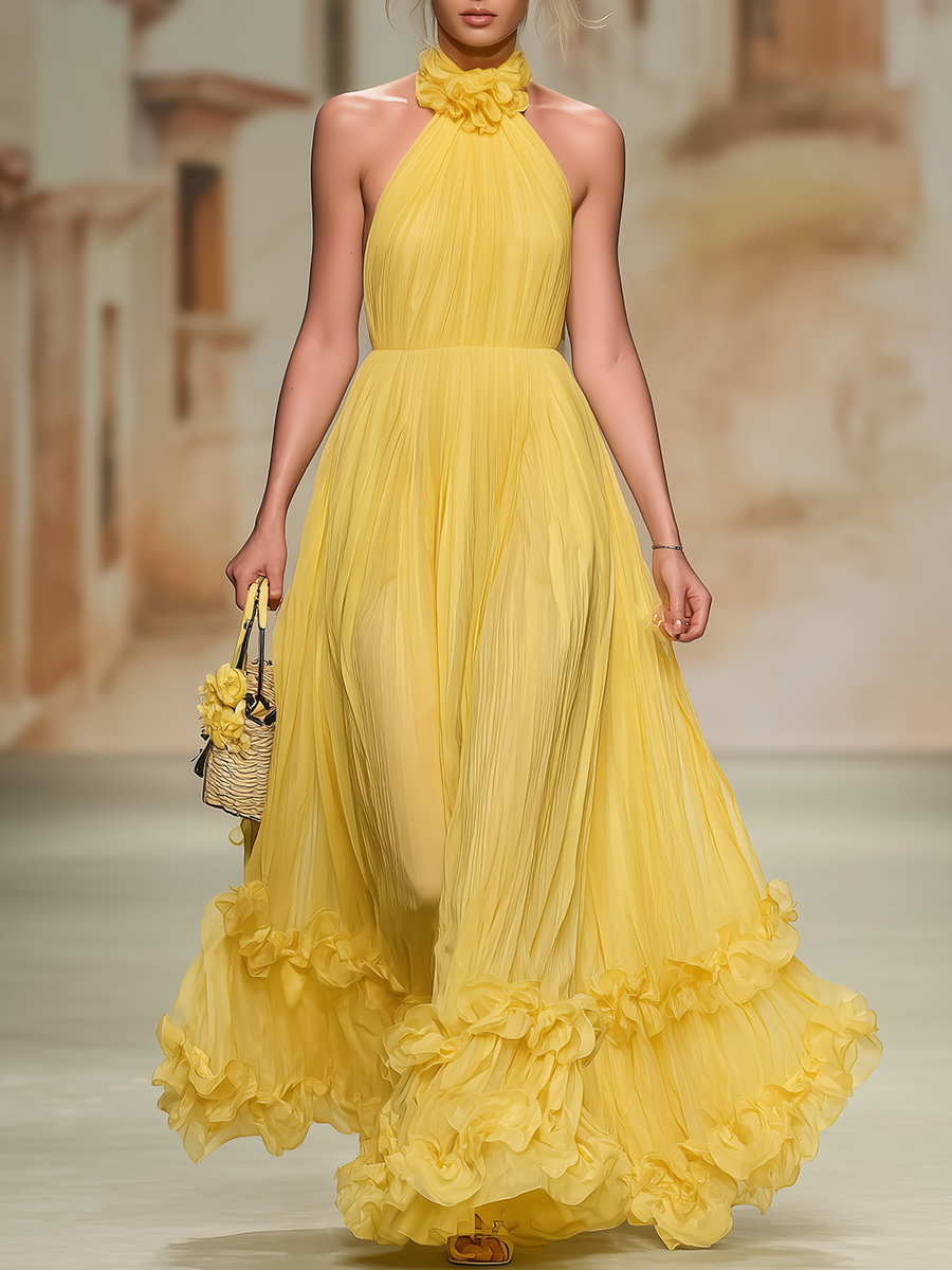 Yellow Casual And Comfortable Halter-neck Sleeveless Chiffon Long Dress