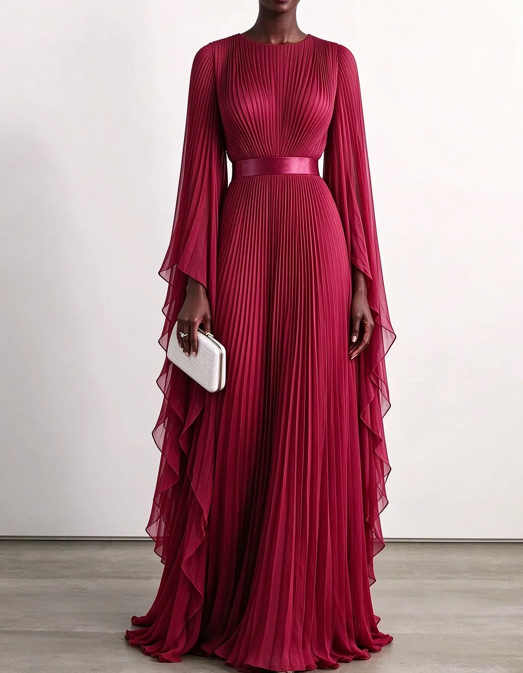 Pleated Chiffon Cape Sleeve Maxi Dress