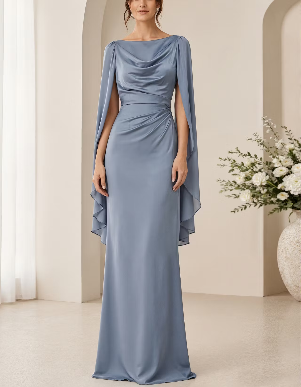 Grey Blue Satin Draped Collar And Shawl Sleeves Maxi Dress