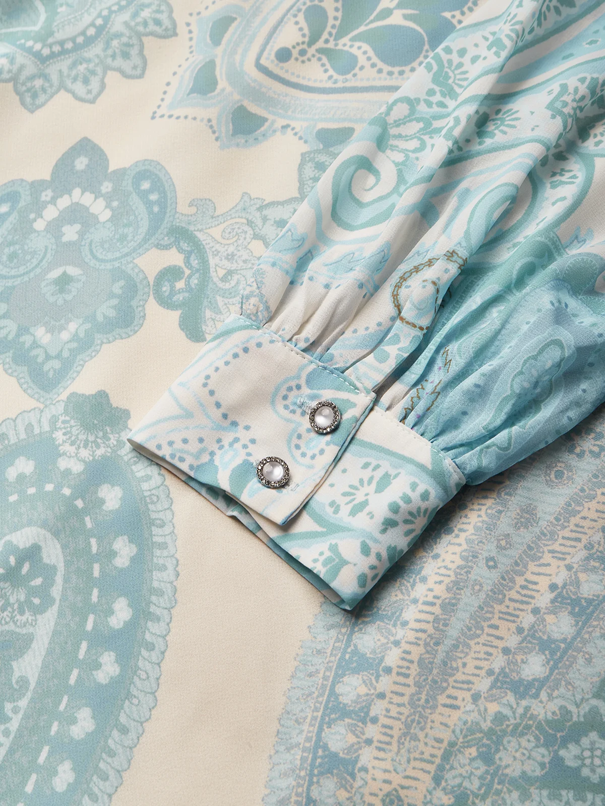 Light Blue Paisley Chiffon Crew Neck Long Sleeve Balloon Sleeve A-Line Maxi Dress