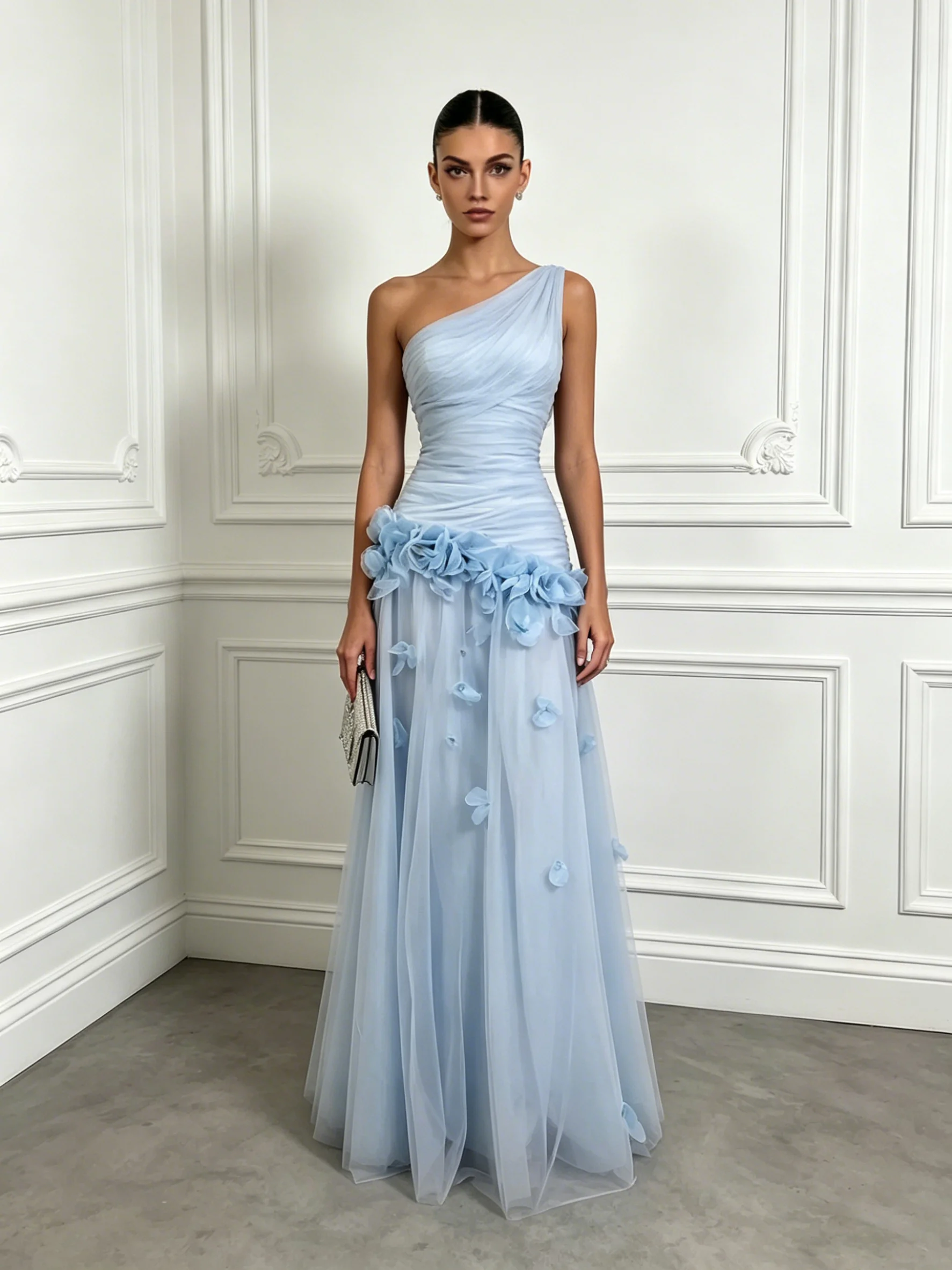 Light Blue 3D Floral Classic One Shoulder Sleeveless A-Line Floor-length Gown Dress