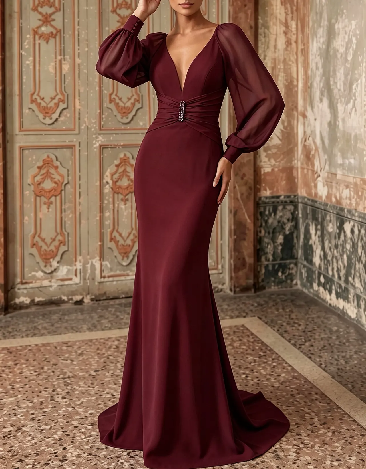 Deep V Neck Chiffon Long Puff Sleeve Waist Mermaid Evening Maxi Dress