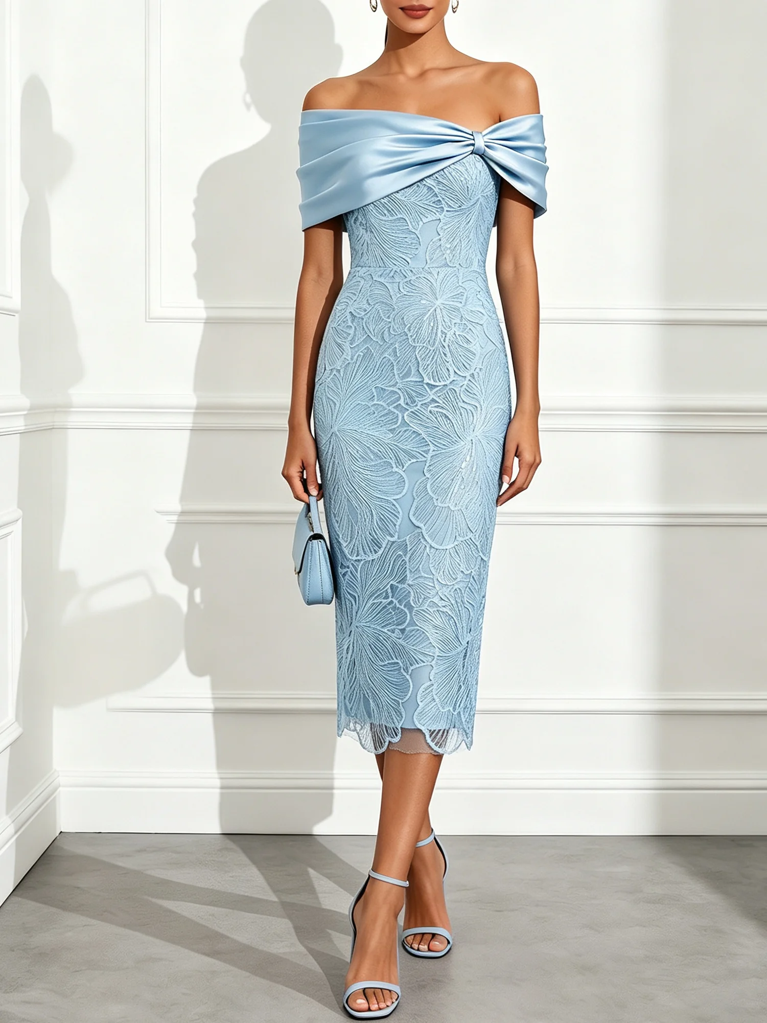 Light Blue Lace Off The Shoulder Sleeveless Sheath Midi Dress
