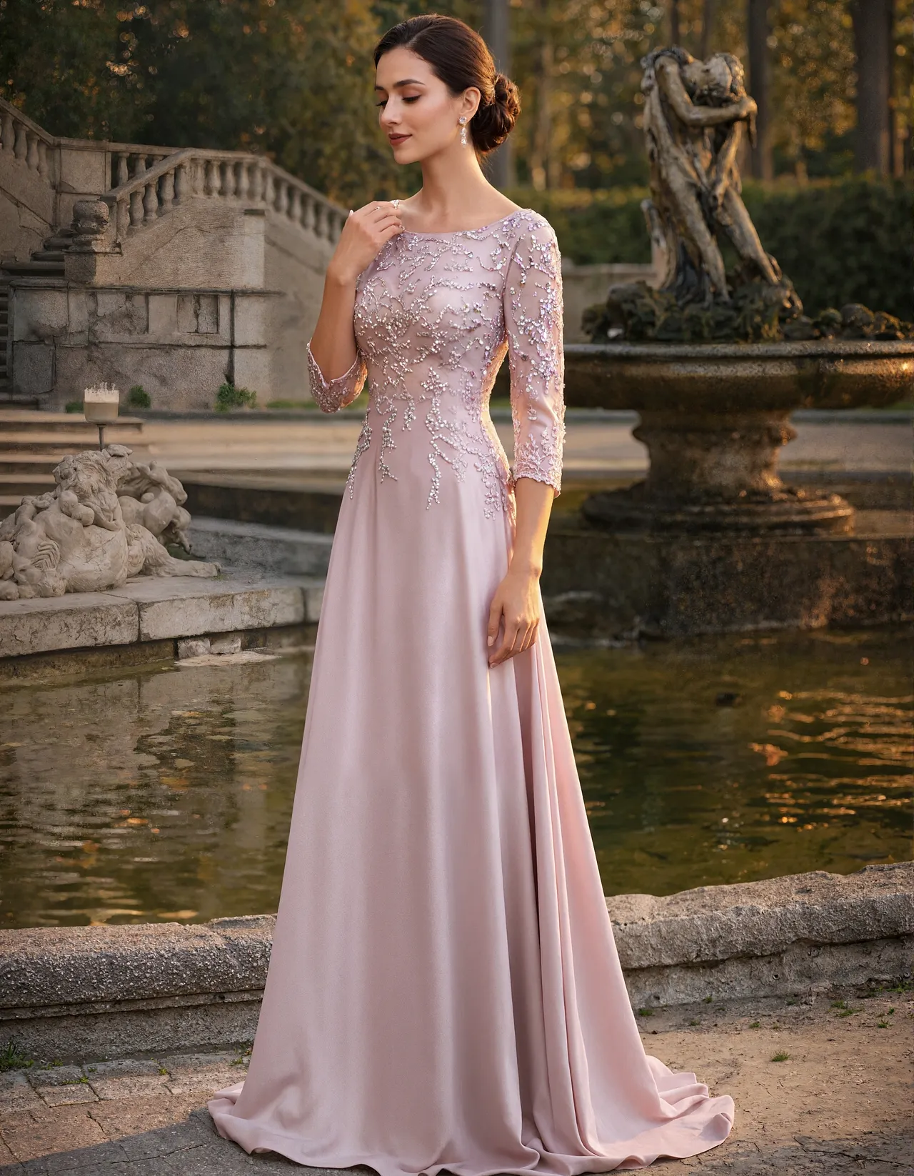 Dusty Pink Long Sleeve V-Neck With Sequins Maxi Dress