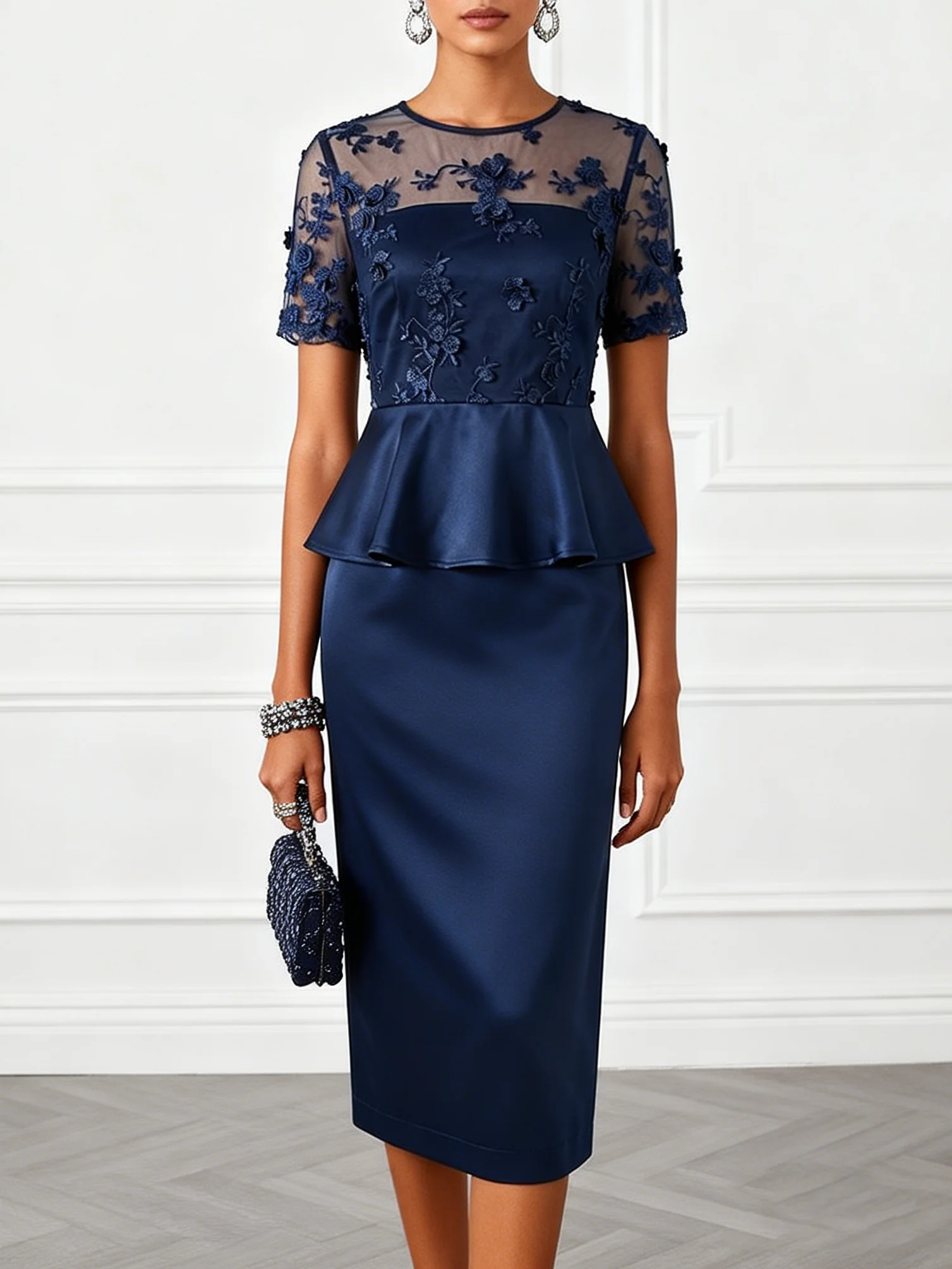 Purplish Blue 3D Floral Classic Crew Neck Short Sleeve Sheath Midi Dress