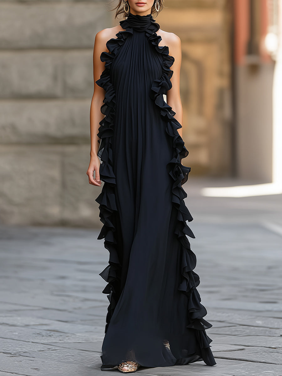 Midnight Elegance Ruffled Halter Pleated Chiffon Maxi Gown