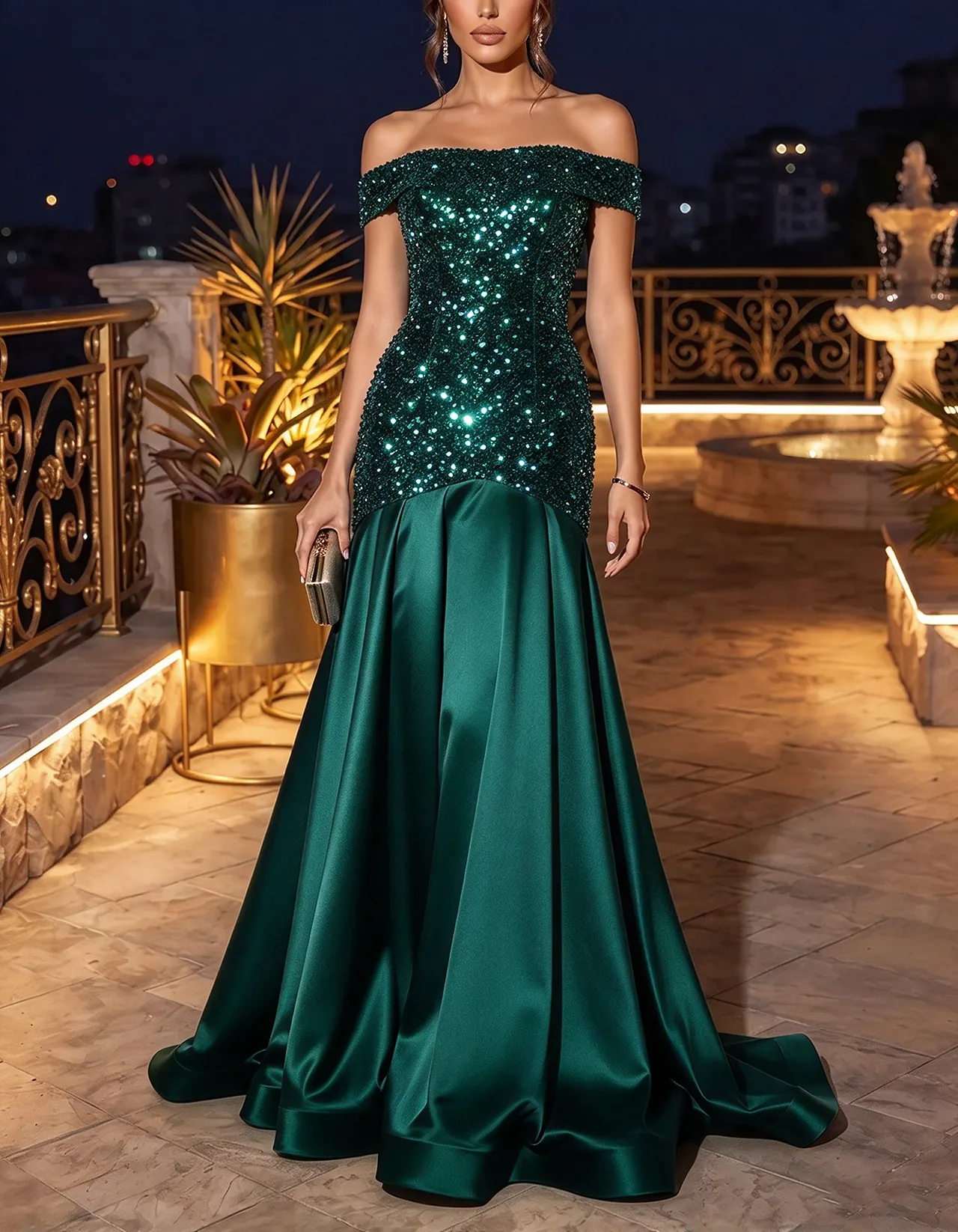 Royal Blue Off-the-Shoulder Sequin & Satin Maxi Dress