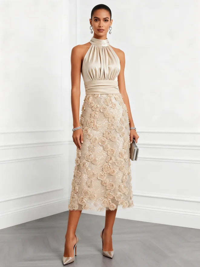 Champagne 3D Floral Glitter Classic Mock Neck Sleeveless A-Line Midi Dress
