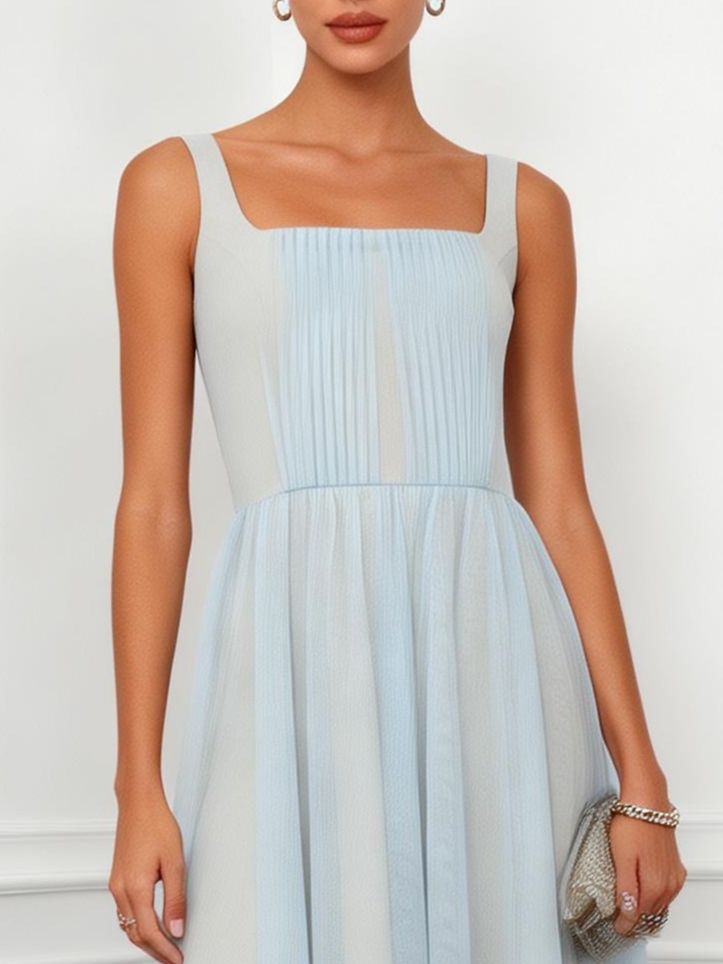 Light Blue Ruched Classic Square Neck Sleeveless A-Line Midi Dress