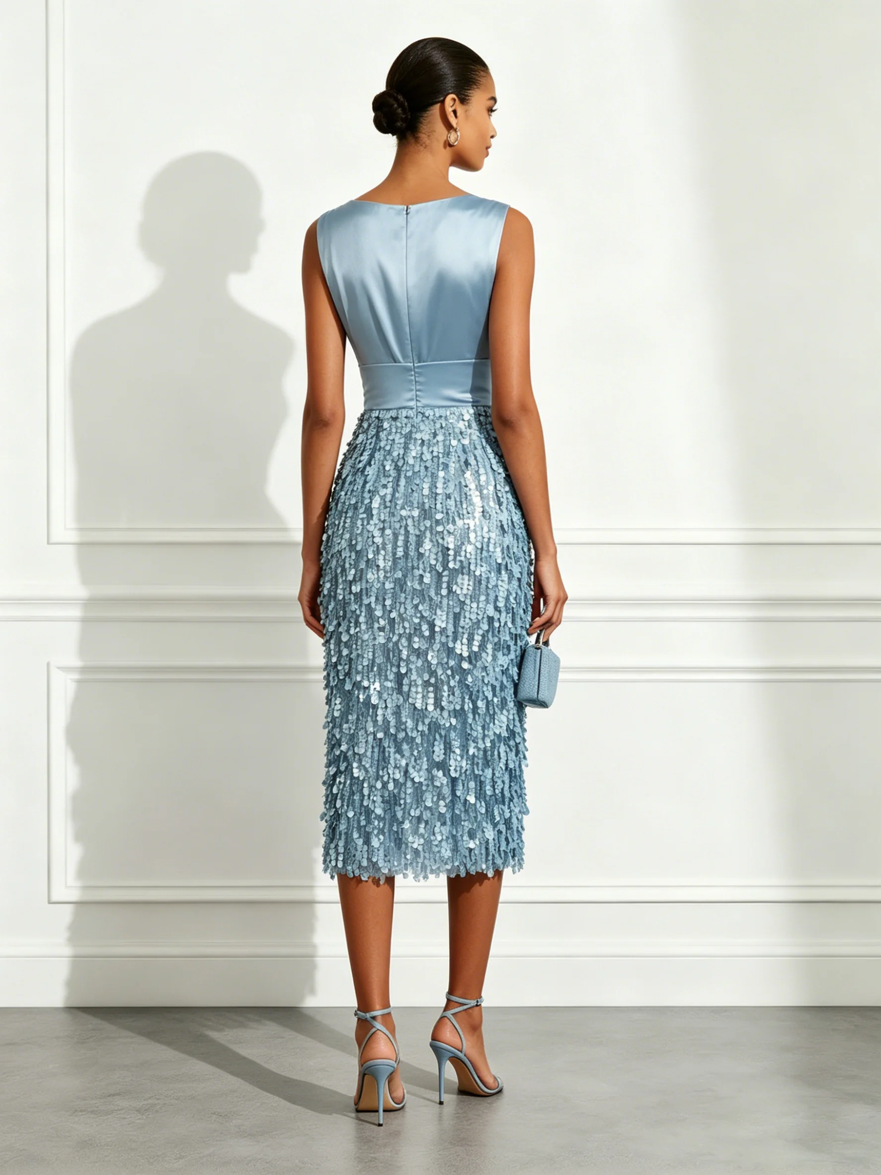Light Blue Sequin V Neck Sleeveless Sheath Midi Dress