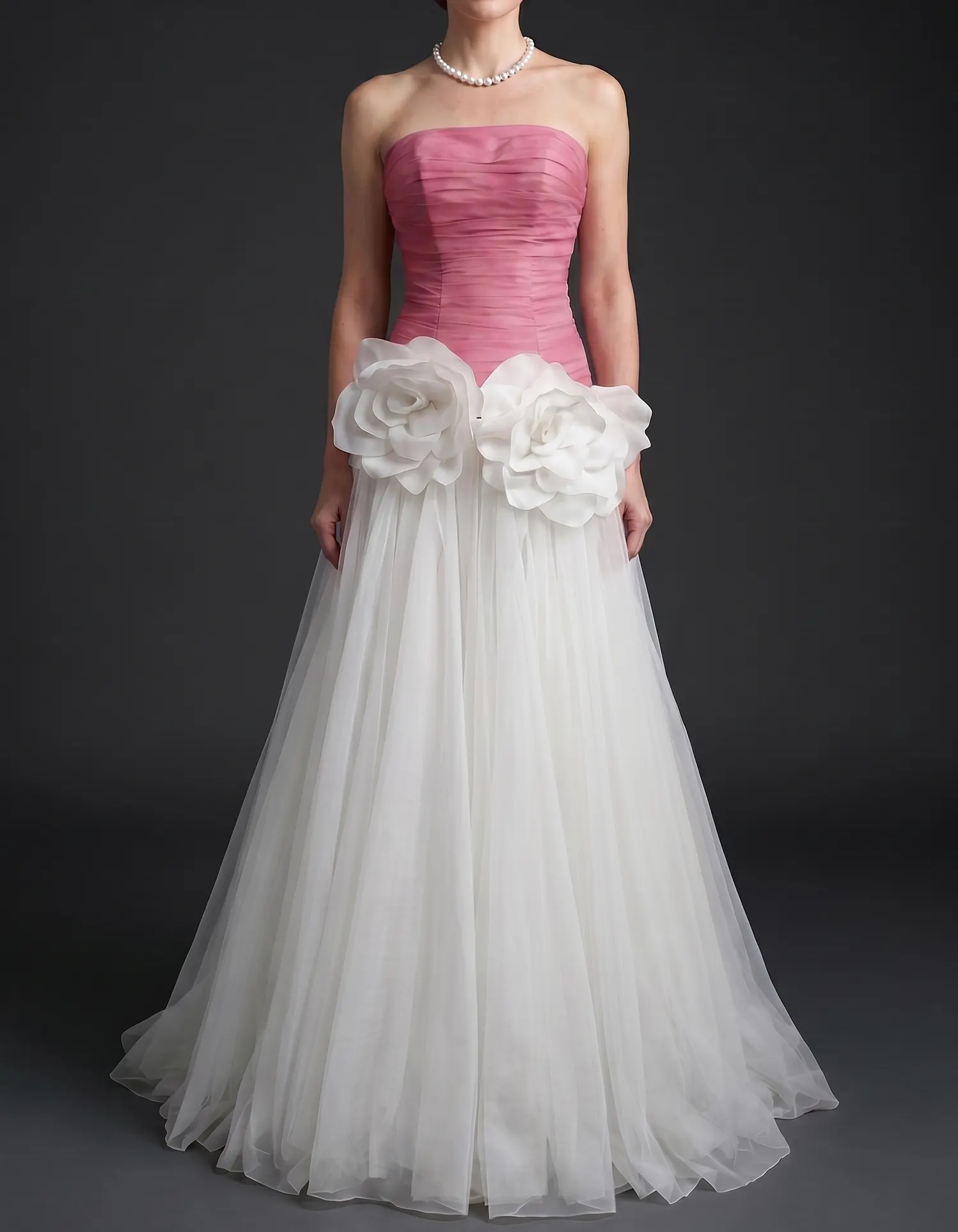 Chiffon Strapless Mesh 3D Floral Cinched Waist Maxi Dress