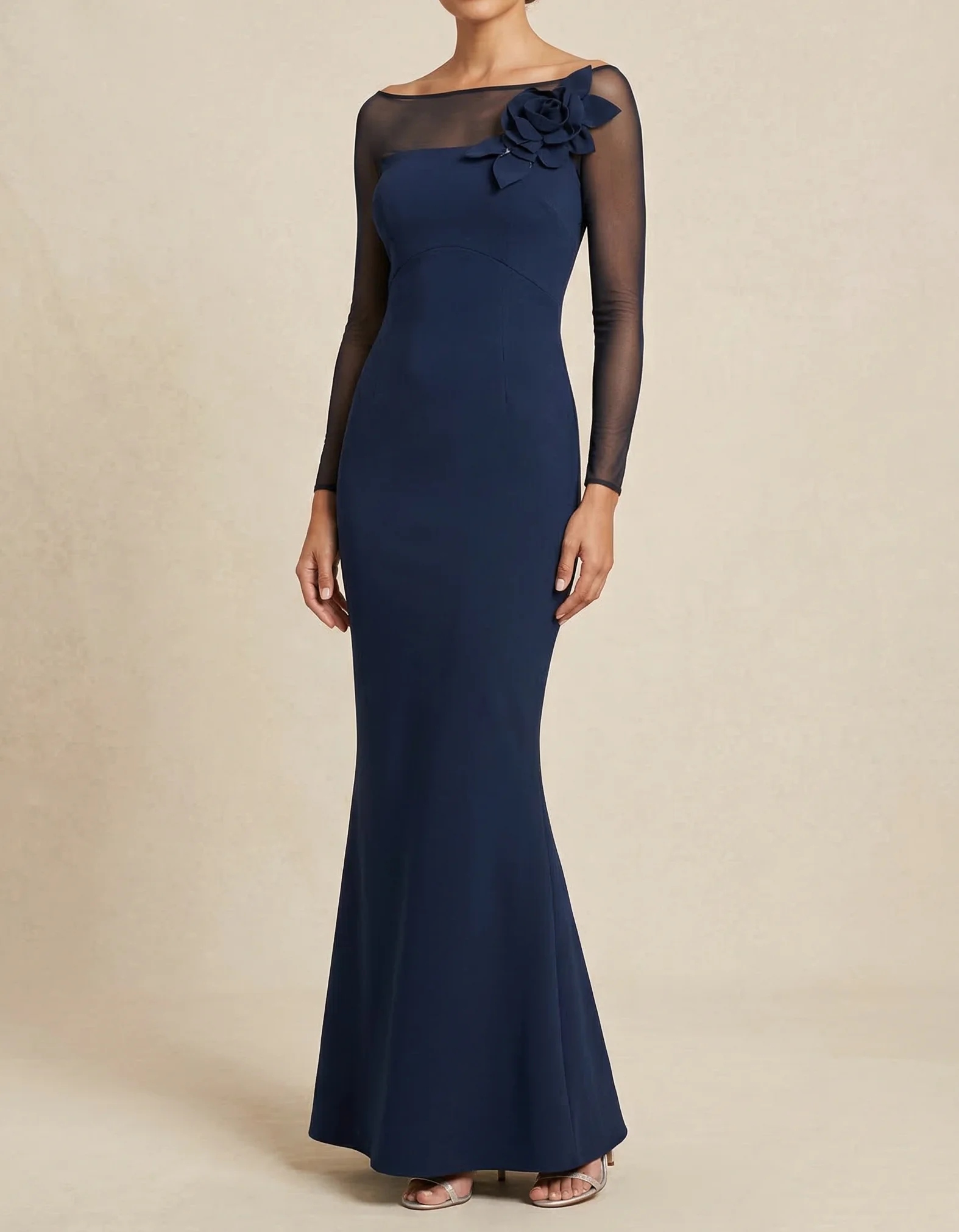 Navy Blue Chiffon Floral Maxi Dress