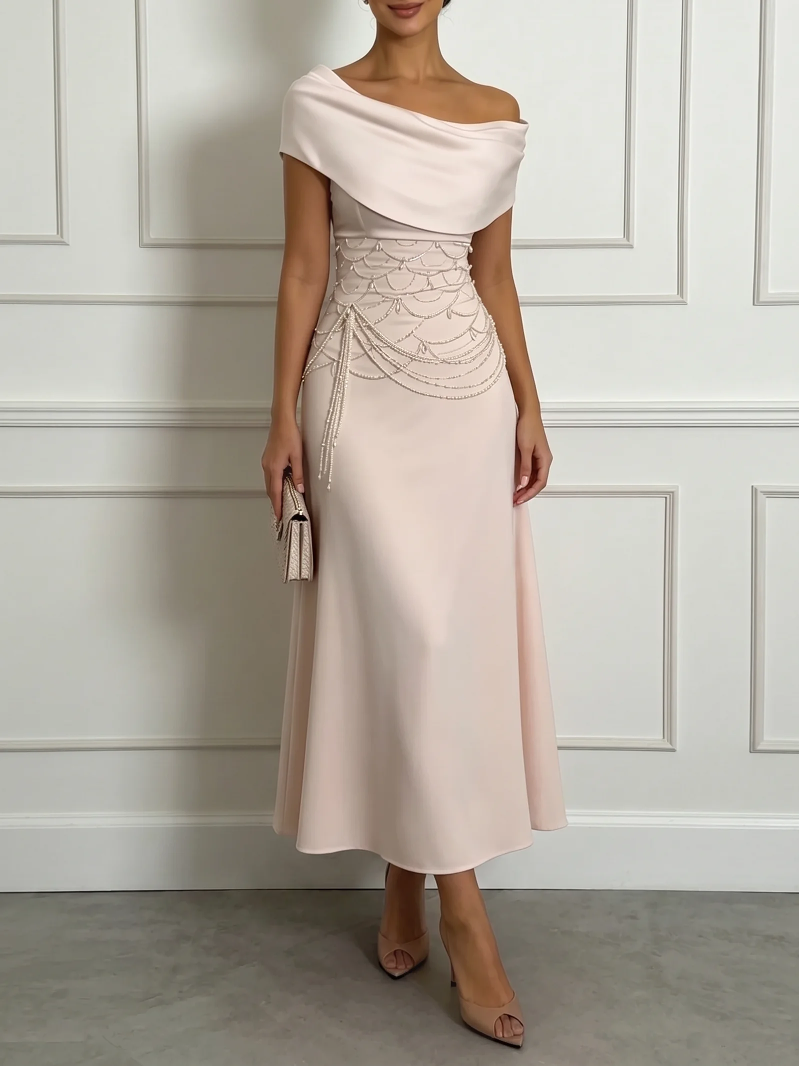 Pink Beaded Satin Off The Shoulder Short Sleeve A-Line Midi Dress