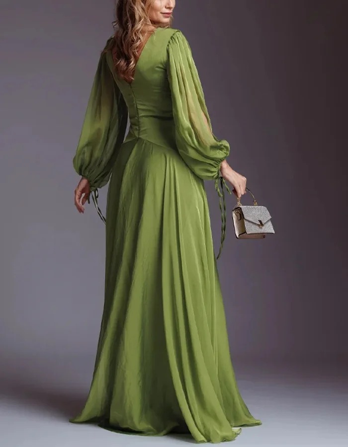 Elegant Green Chiffon Solid Color Long Slit Puff Sleeve Maxi Dress