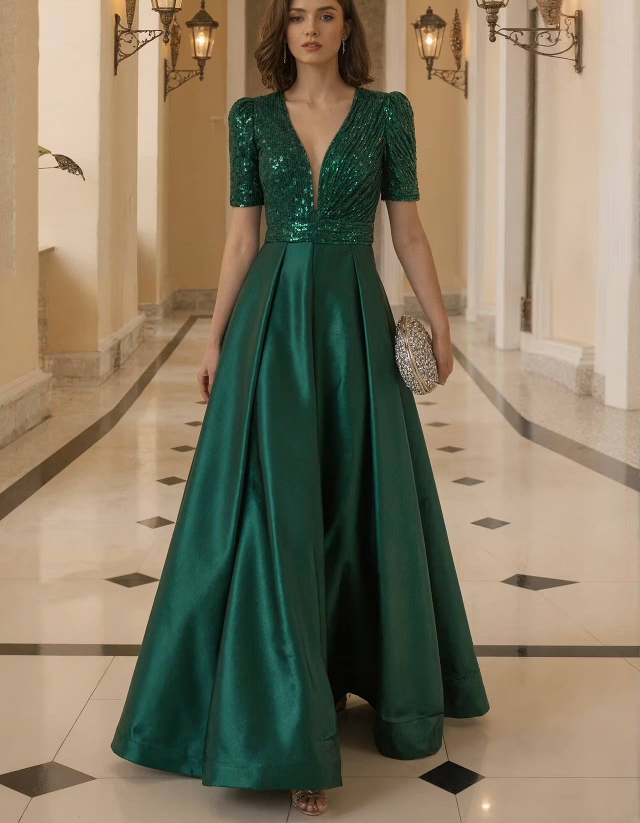 Green Sequined Short Sleeved Deep V-Neck Satin Maxi Dress