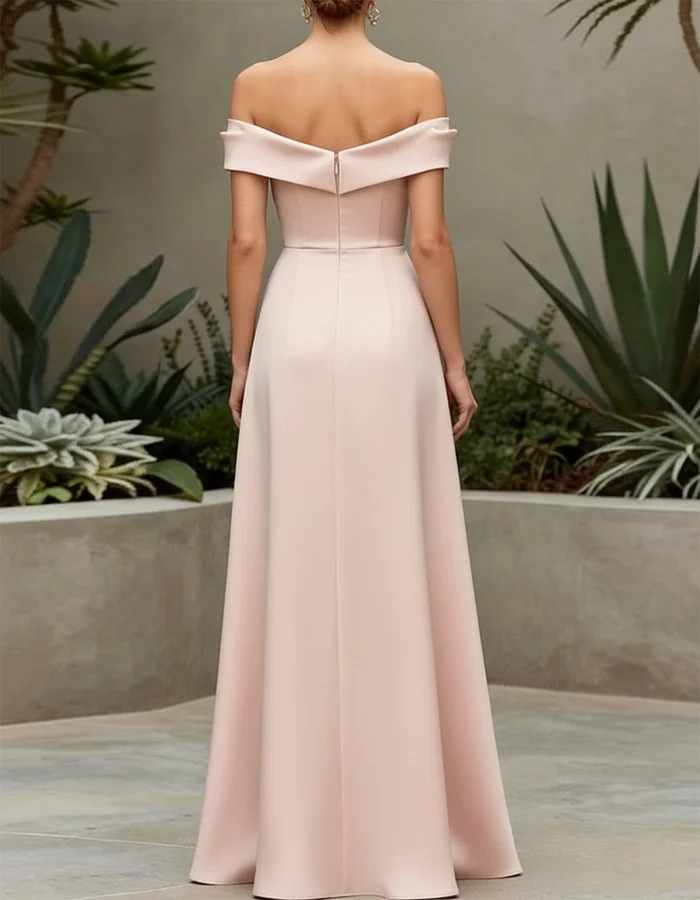 Pink Off-the-Shoulder Pleated Satin Maxi Dress
