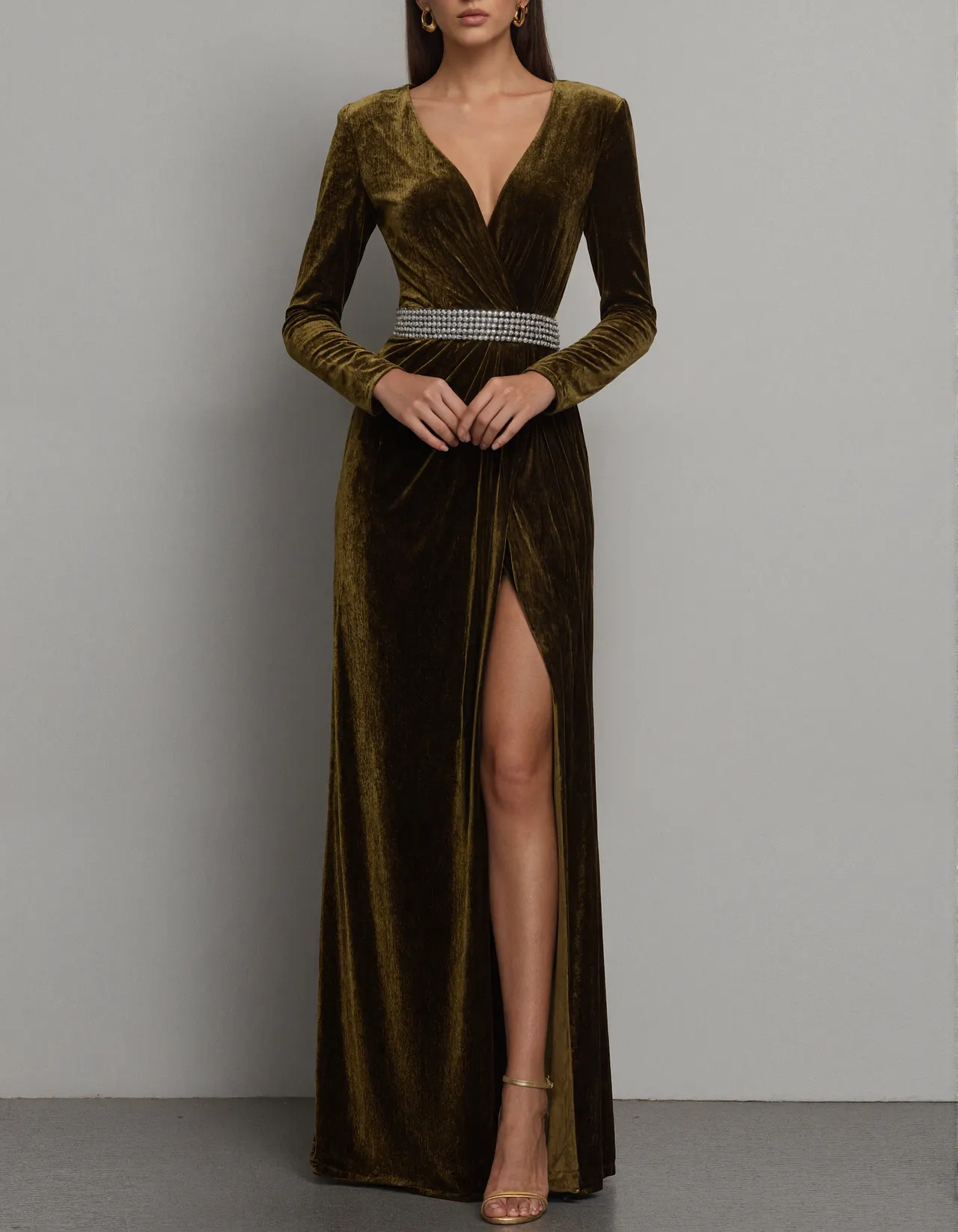 Olive Green Velvet V-Neck Maxi Dress