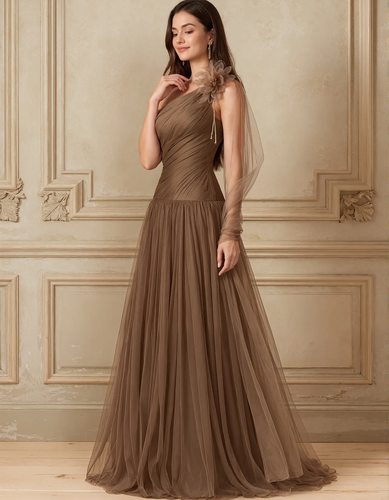 Brown A-line Tulle With One Shoulder Design Maxi Dress