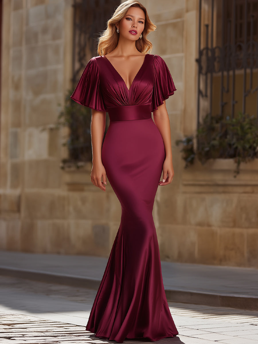 Satin Flutter Sleeve Mermaid Evening Dress