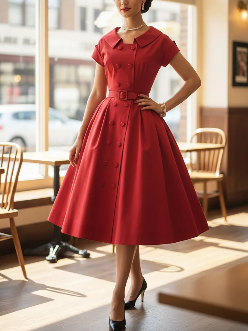 Midi Cotton Dress, Short Sleeves, Shawl Collar, Button Design, Vintage, Red