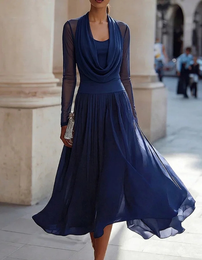 Draped-neck Chiffon Midi Dress