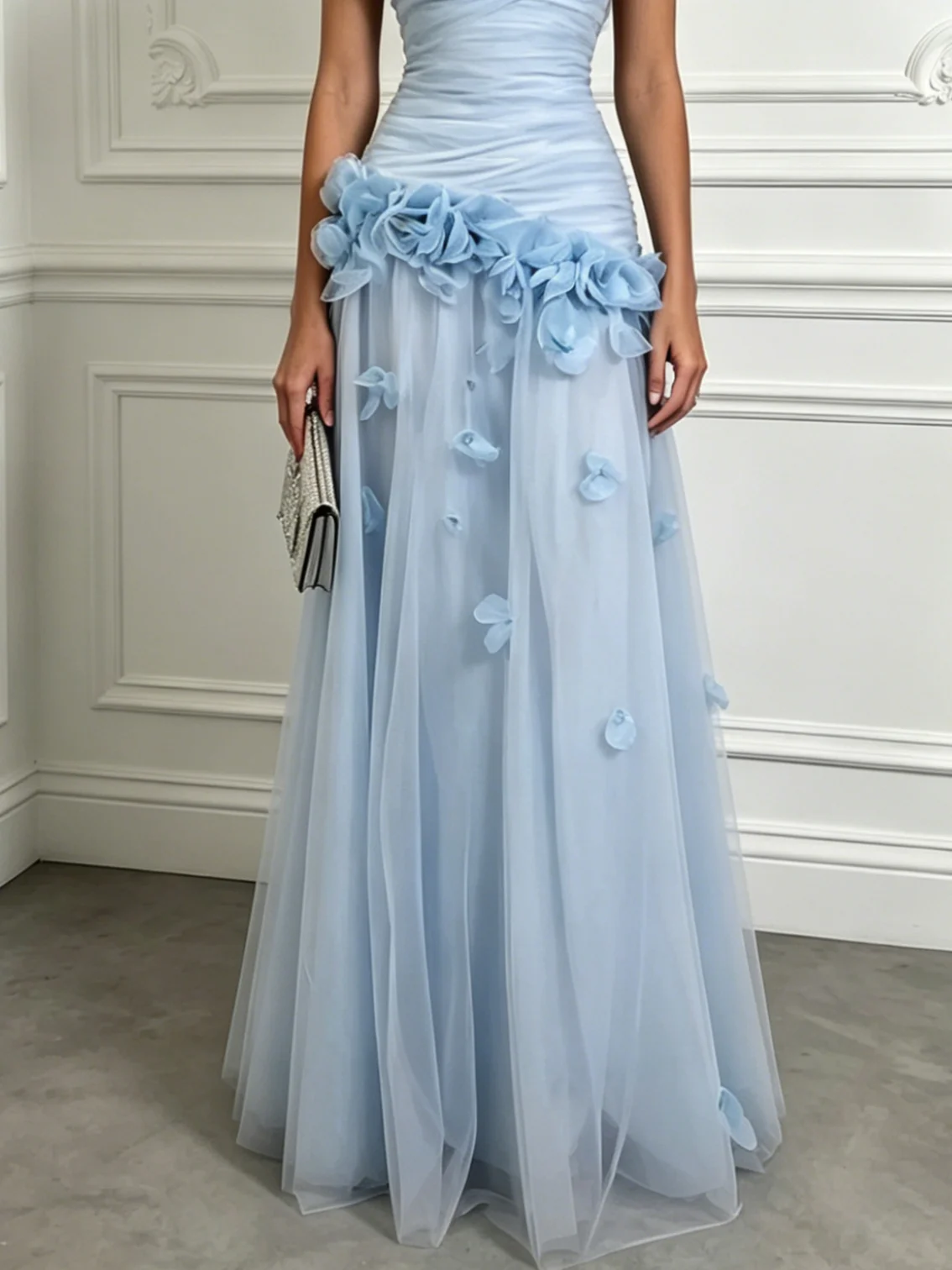Light Blue 3D Floral Classic One Shoulder Sleeveless A-Line Floor-length Gown Dress