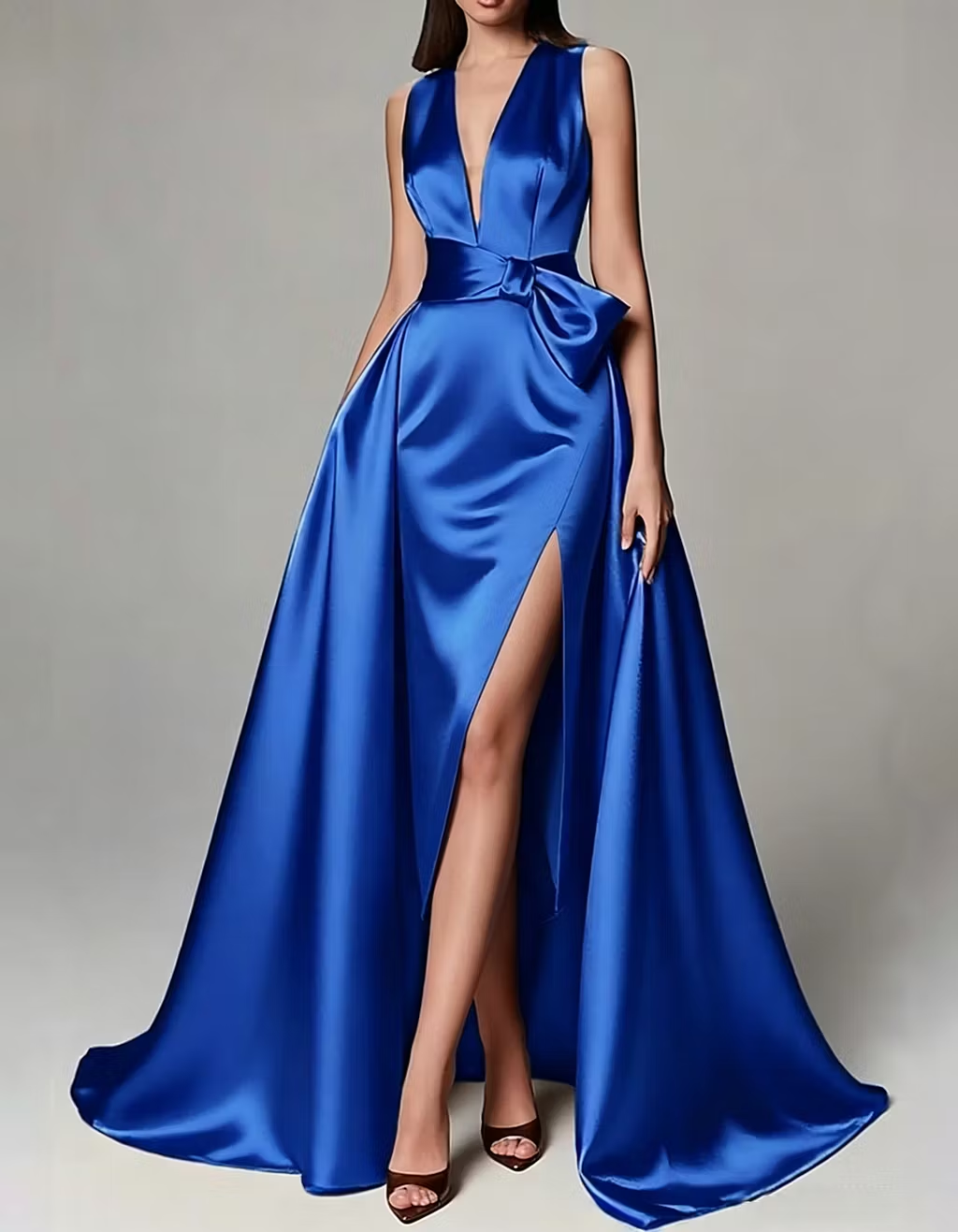 Satin V-neck Fitted Waist Maxi Dress