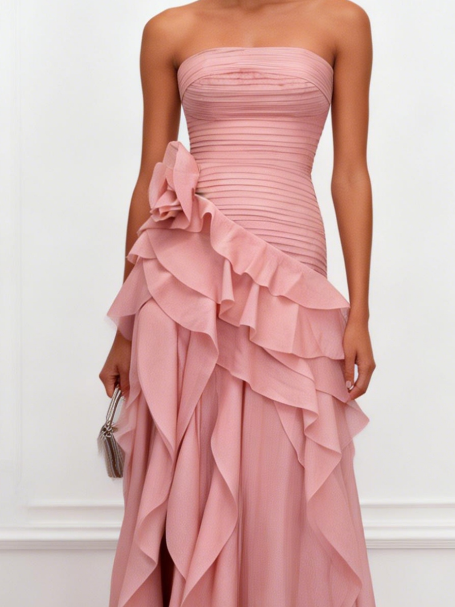Pink 3D Floral Ruffled Classic Strapless Sleeveless A-Line Floor-length Gown Dress