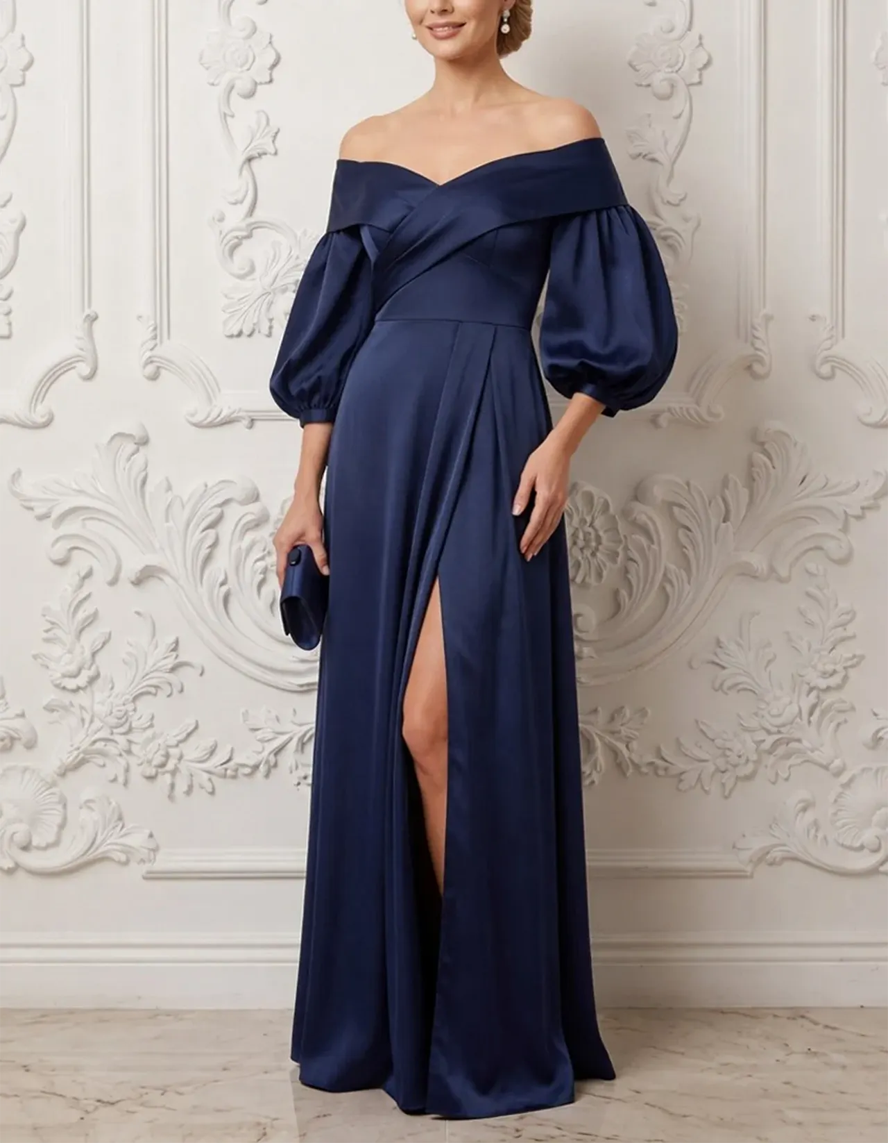 Navy Off-the-Shoulder Satin Maxi Dress