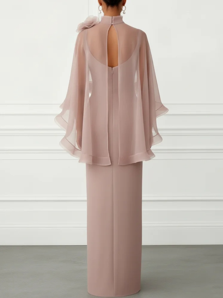 Nudepink 3D Floral Mesh Classic Mock Neck Half Sleeve Sheath Floor-length Gown Dress