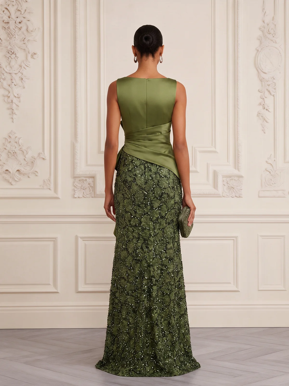 Green Ruffled Sequin Notched Sleeveless Mermaid Gown Dress