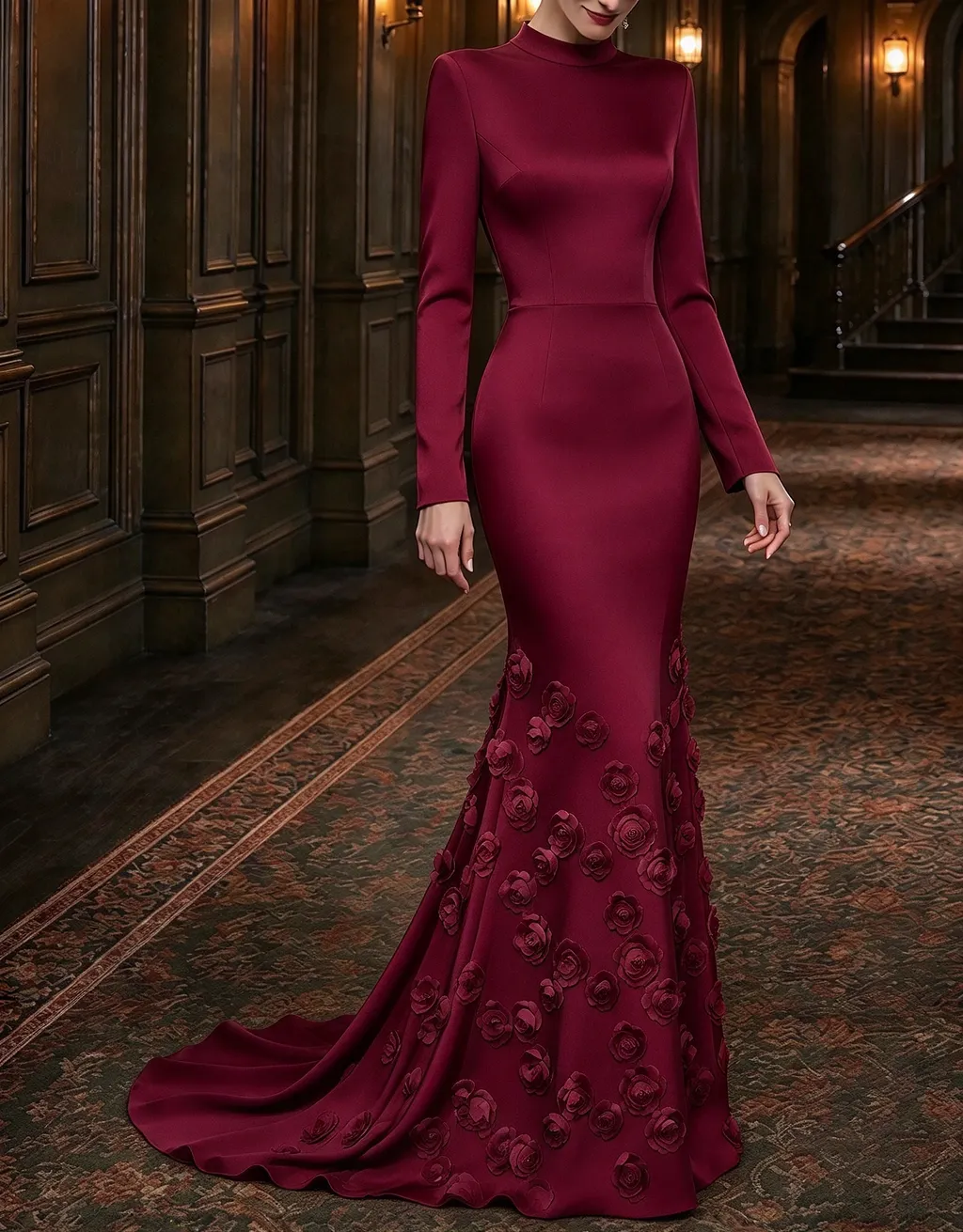 High Neck Long Sleeve Satin 3D Floral Mermaid Evening Maxi Dress