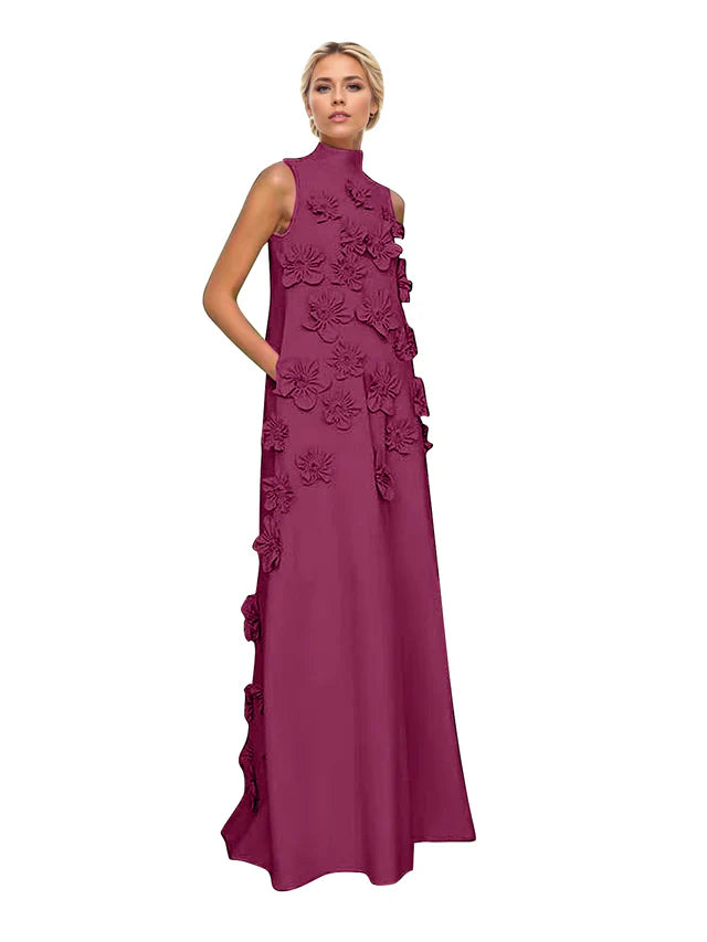 A Line High Neck Sleeveless Floor Length Stretch Crepe Dress With 3D Flowers