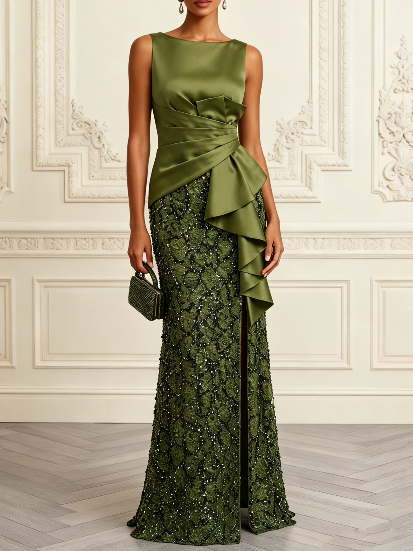 Green Ruffled Sequin Notched Sleeveless Mermaid Gown Dress