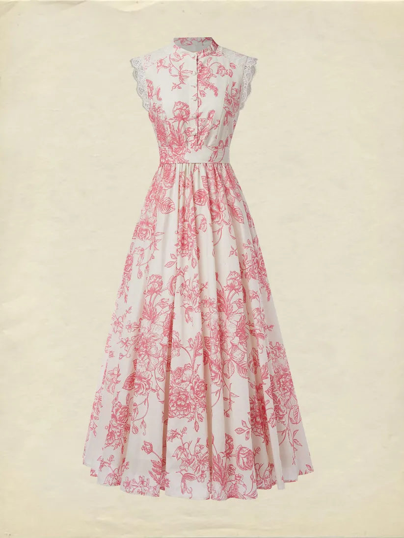  Maxi Linen Dress , Cap Sleeves, Stand Collar, Floral, Lace, Vintage, Apricot