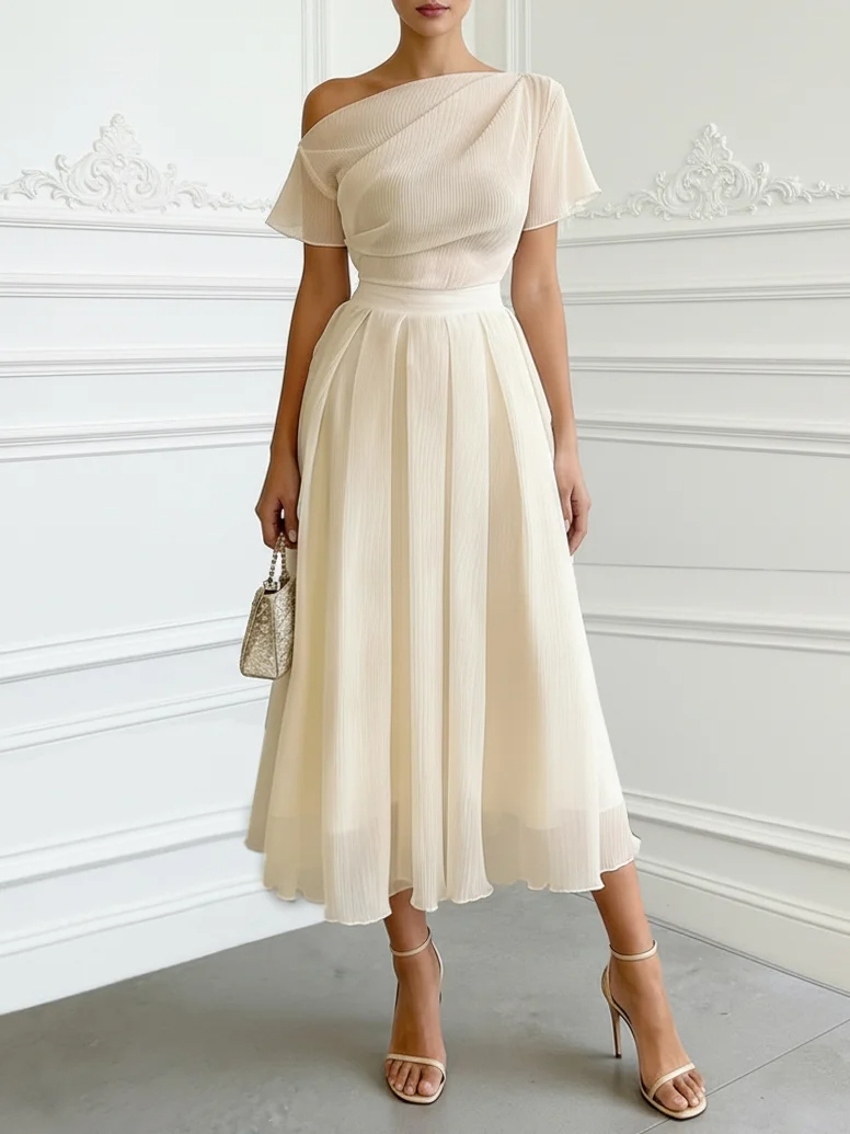 Off White Classic Off The Shoulder Short Sleeve A-Line Midi Dress