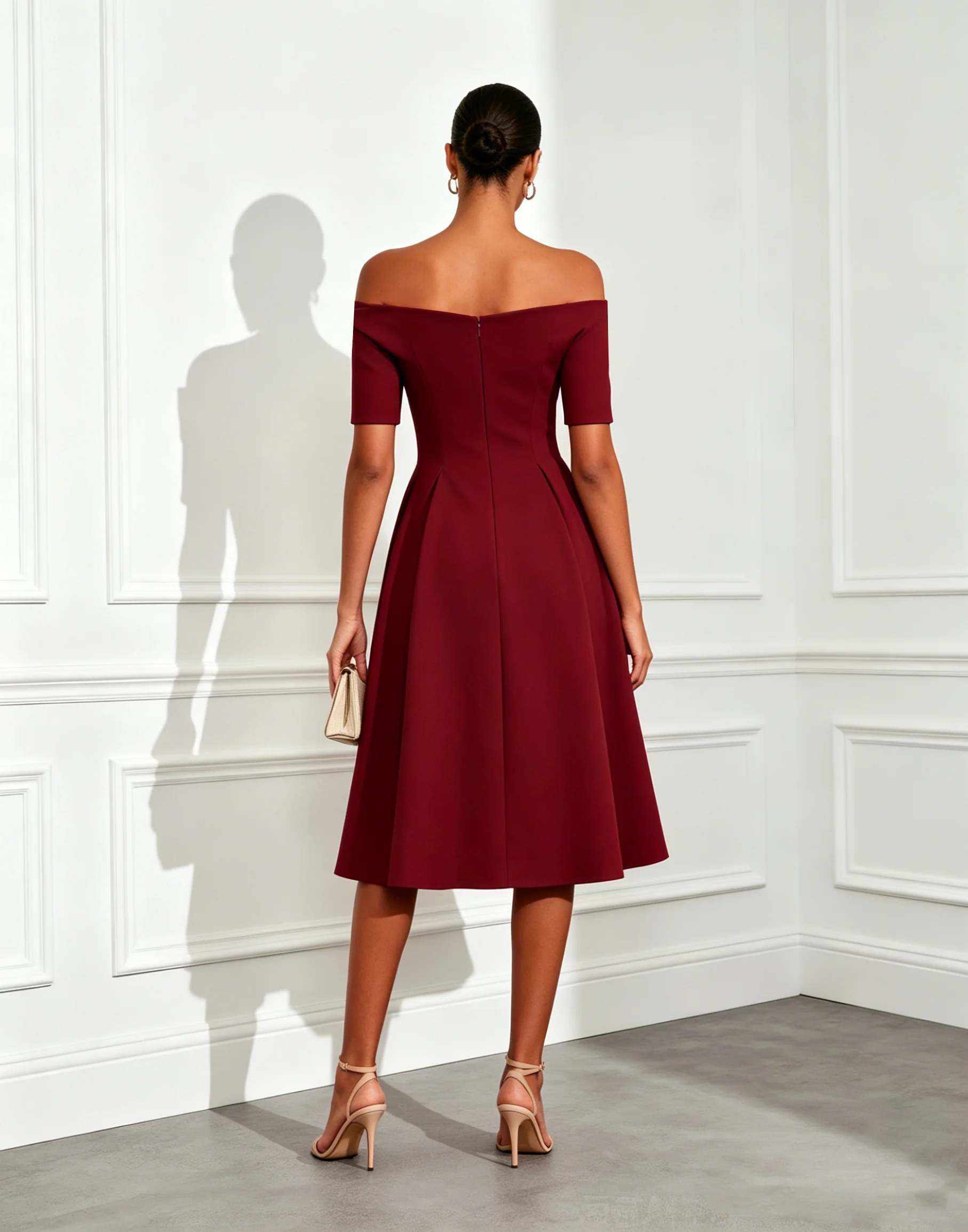 Burgundy Bow Classic Off The Shoulder Short Sleeve A-Line Midi Dress