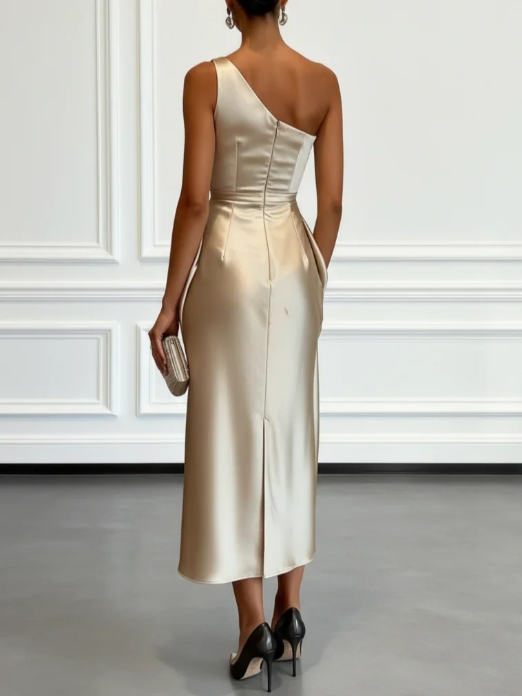 Champagne Ruched Satin One Shoulder Sleeveless Sheath Midi Dress