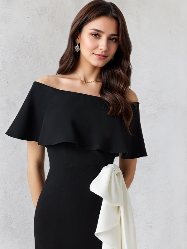Sheath/Column Off The Shoulder Asymmetrical Length Dress With White Ruffles
