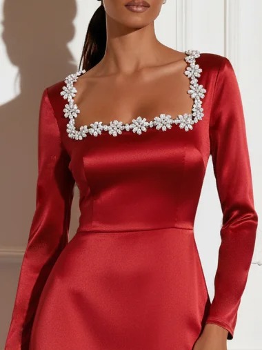 Red Rhinestone Satin Square Neck Long Sleeve Sheath Midi Dress