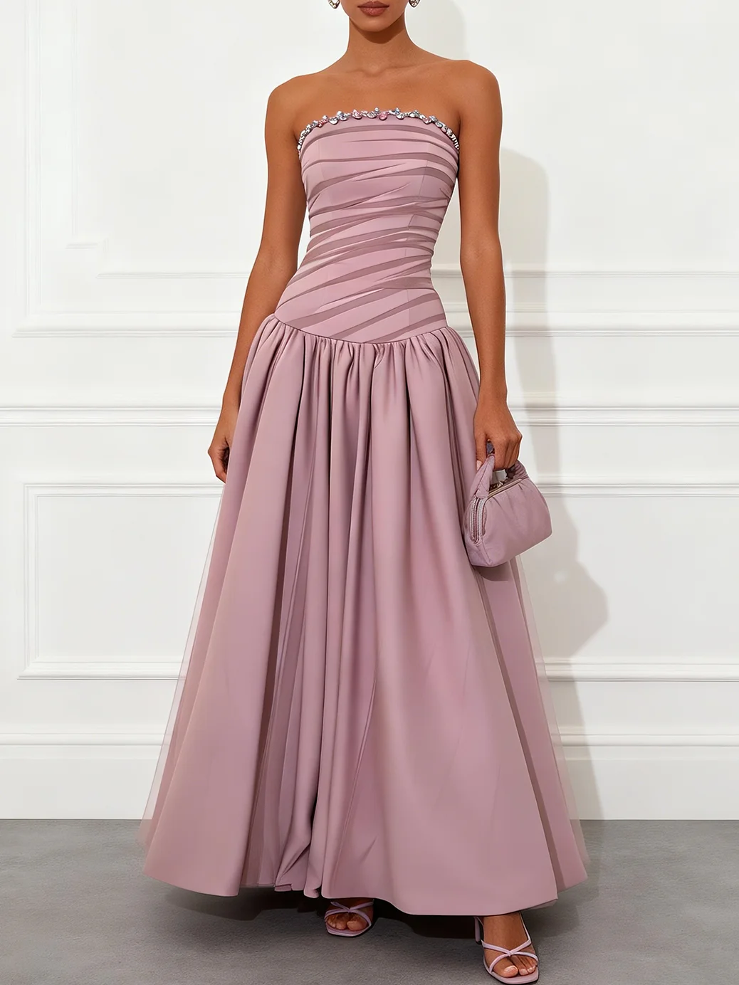 Light Purple Rhinestones Mesh Satin Strapless Sleeveless A-Line Maxi Dress