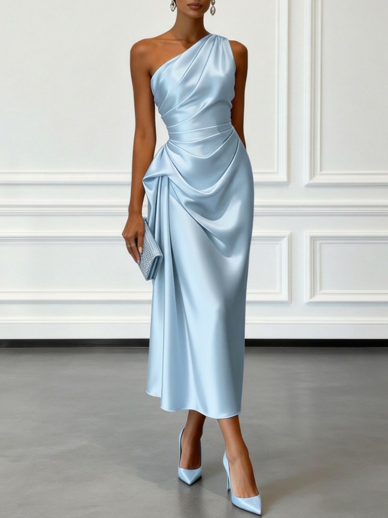 Light Blue Ruched Satin One Shoulder Sleeveless Sheath Midi Dress