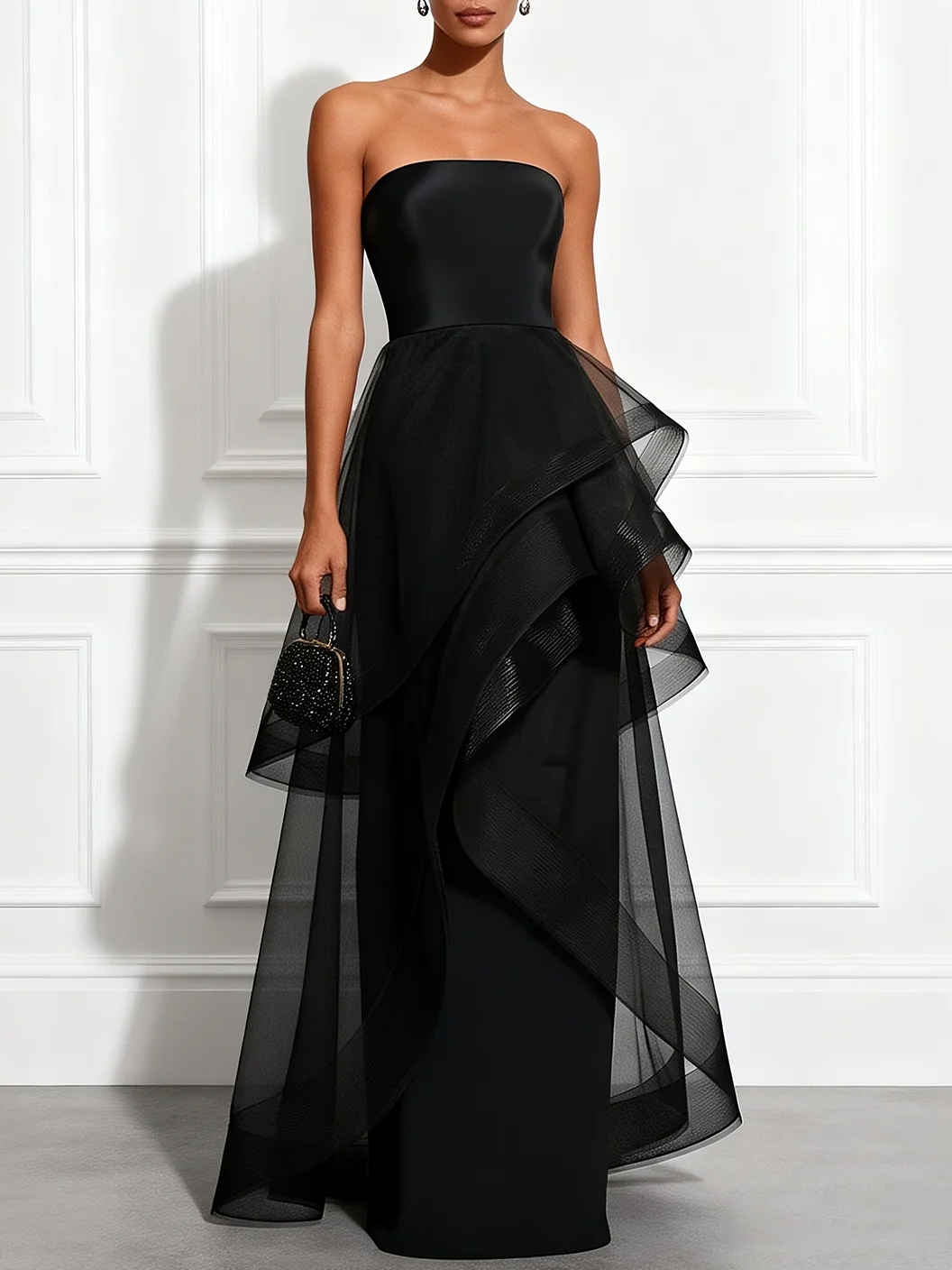 Black Mesh Ruffled Satin Strapless Sleeveless A-Line Floor-length Gown Dress