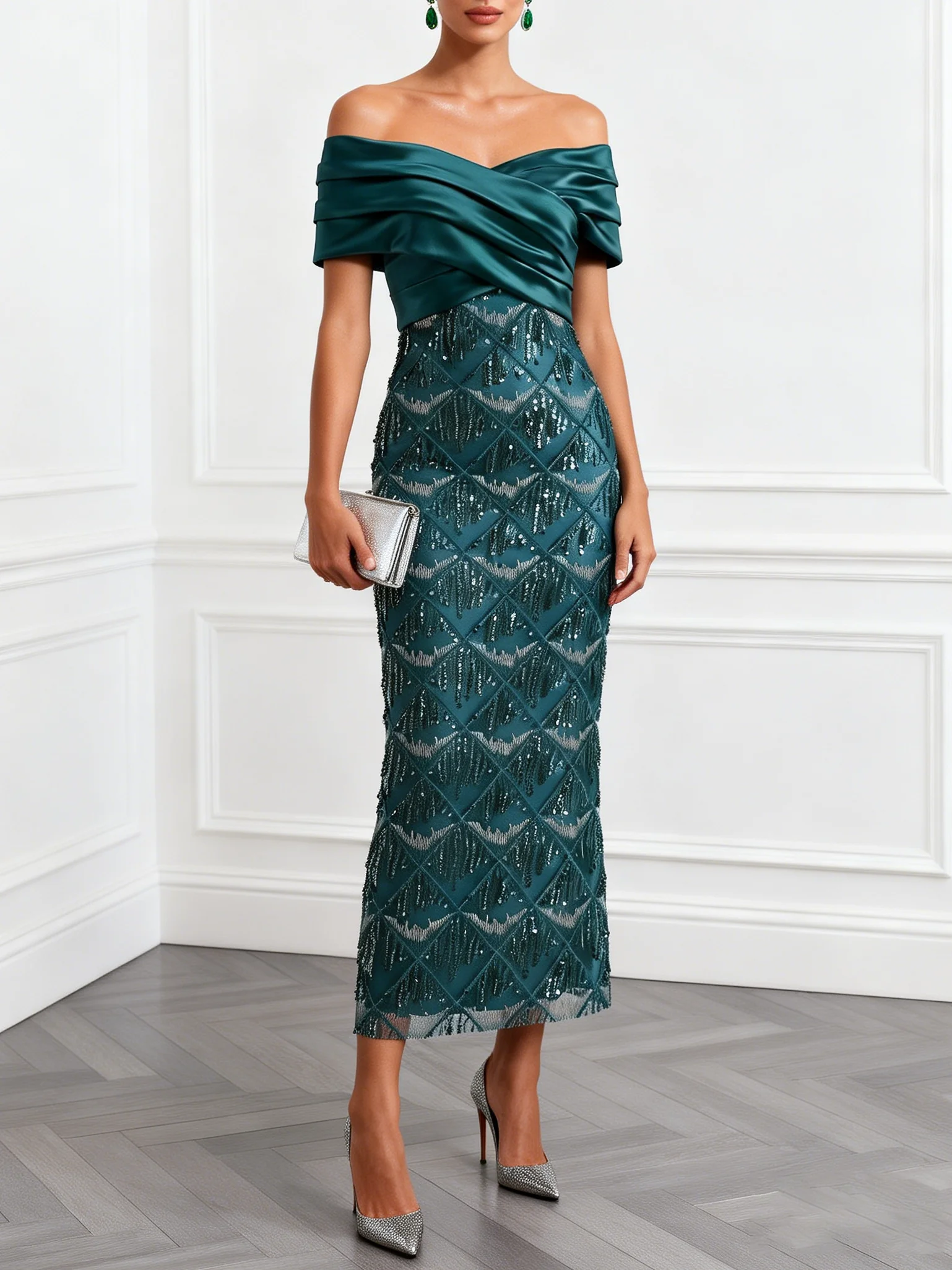 Cyan Tassel Cross Sequin Off The Shoulder Short Sleeve Sheath Midi Dress