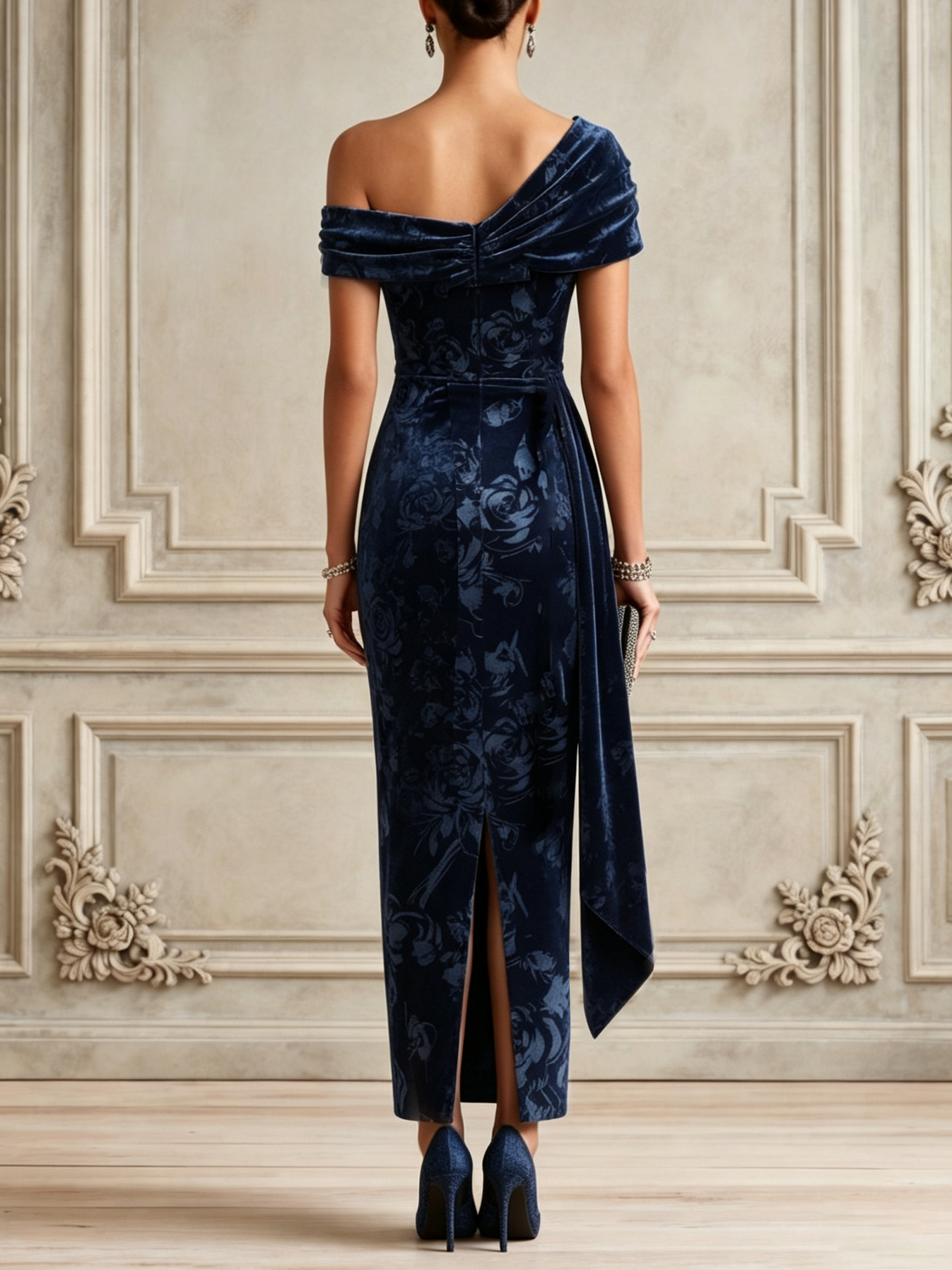 Purplish Blue Split Joint Ruched Velvet One Shoulder Short Sleeve Bodycon Maxi Dress
