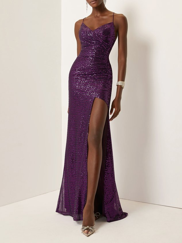 Purple Ruched Slit Sequin Spaghetti Gallus Sheath Gown Dress
