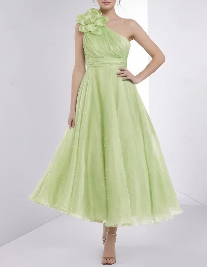 Apple Green Chiffon One Shoulder Floral Pearl Midi Dress