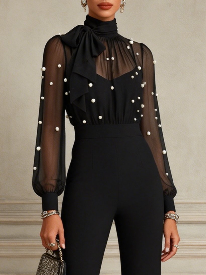 Women Black Faux Pearl Bow Mock Neck Long Sleeve Balloon Sleeve Elegant Jumpsuit