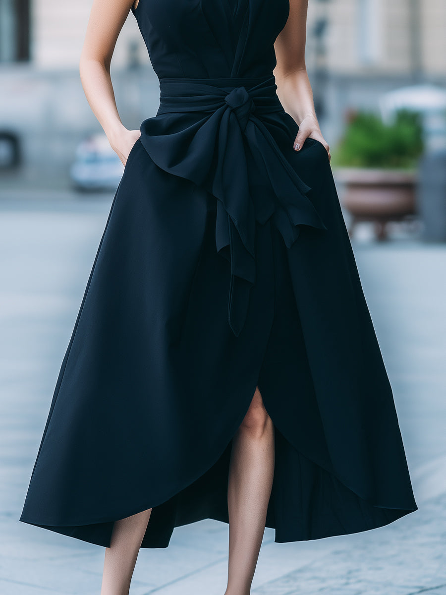 Elegant Black High-Neck Sleeveless Asymmetrical Midi Dress